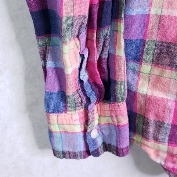 Gap Women's M Linen Blend Plaid Boyfriend Fit Long Sleeve Button Up Shirt Pink - Picture 3 of 6